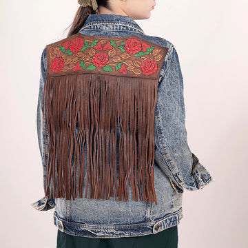 ADJKT003 Genuine leather Hand tooled hand carved Women 100% cotton Denim jacket dress ladies girl